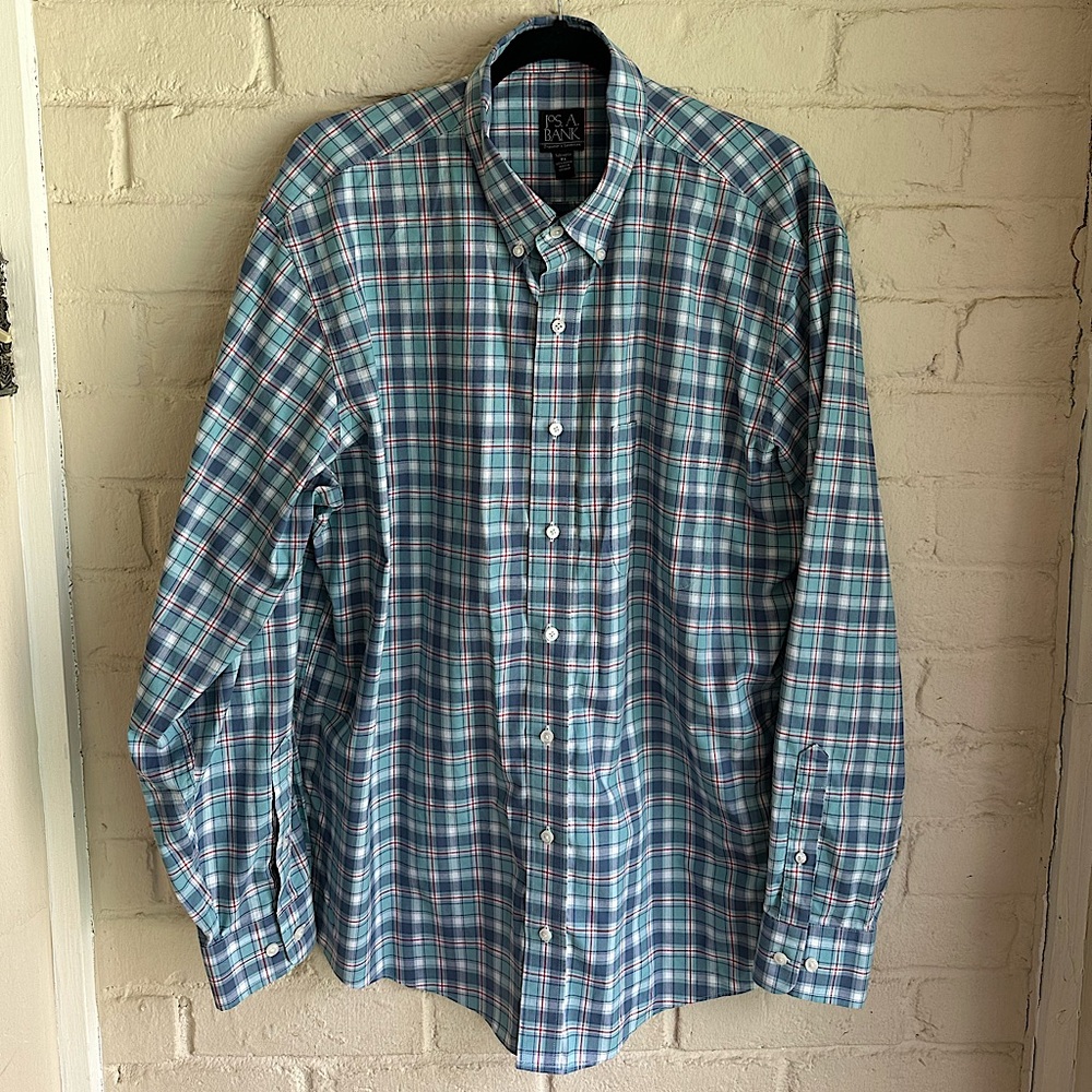Joseph A Bank size XL pastel green and white plaid long sleeve button down